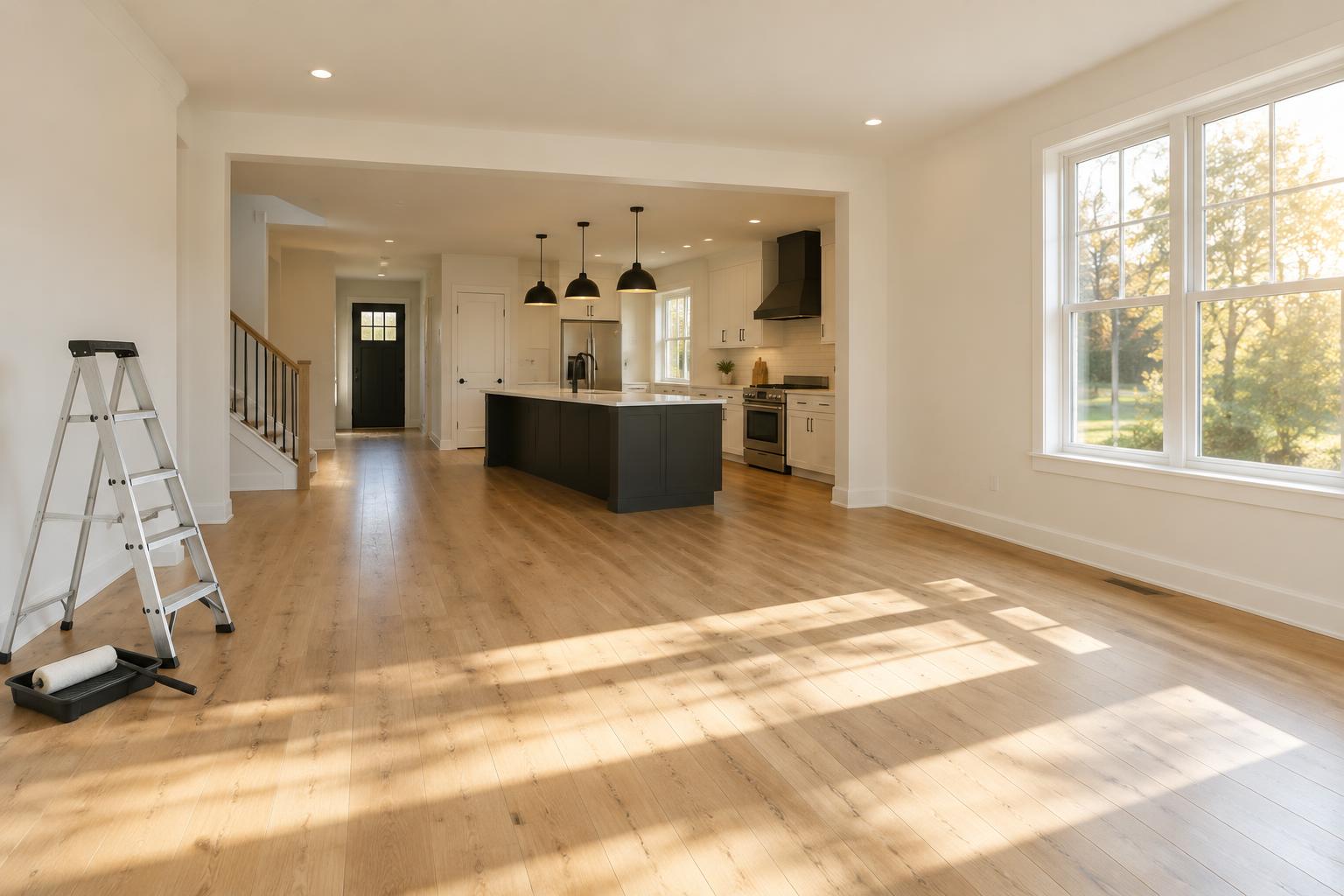 A freshly renovated open-plan living area with new paint, new flooring and warm afternoon light